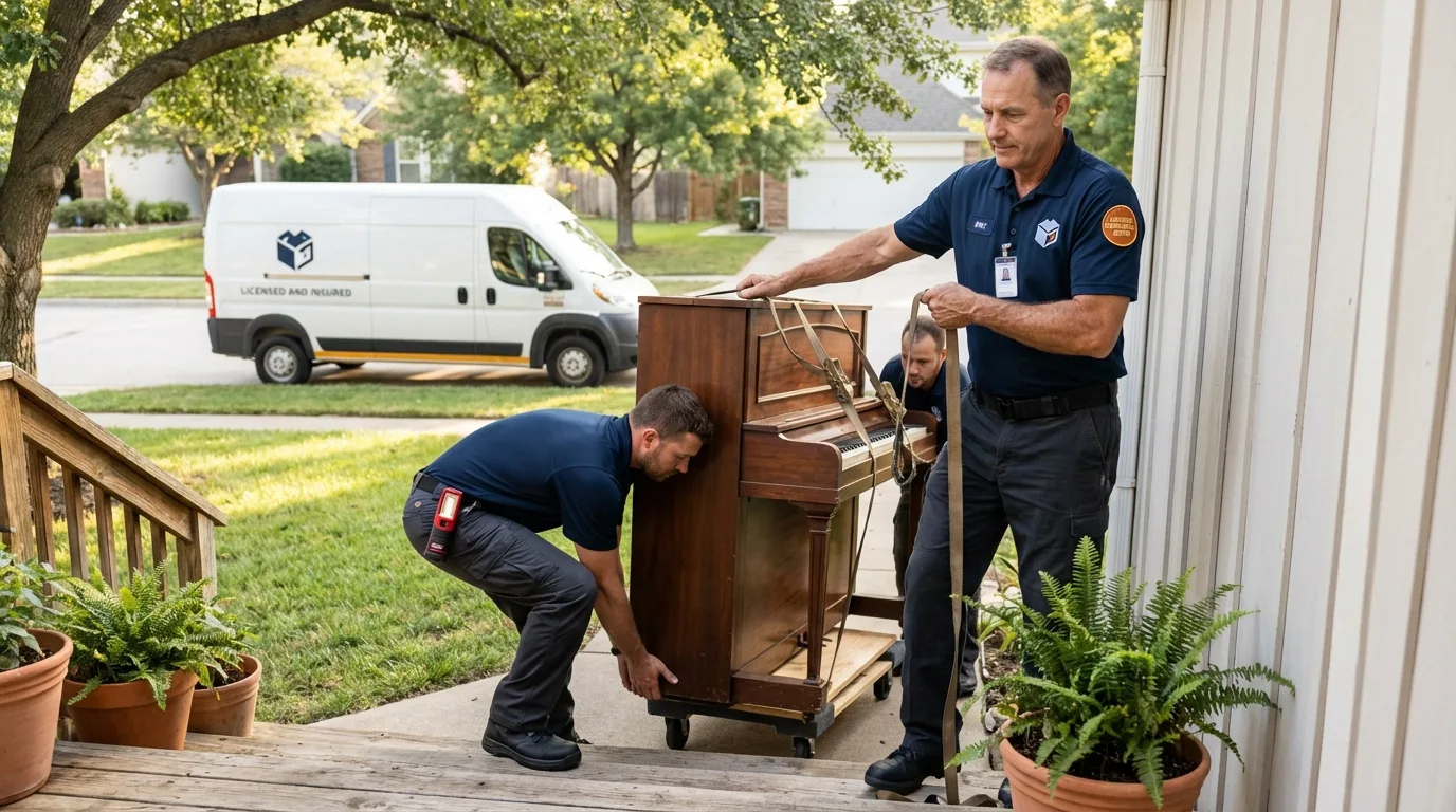 Licensed piano movers securing grand piano in Jackpot, NV