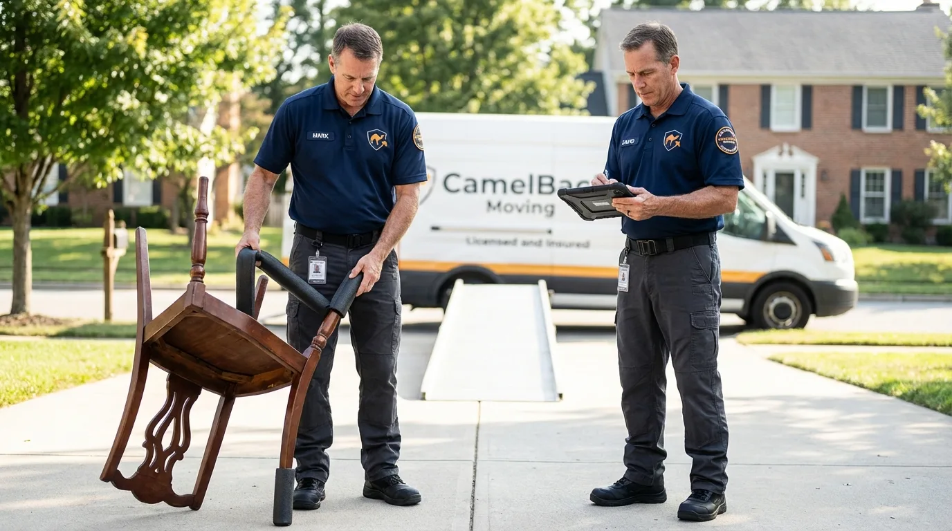 Movers inspecting furniture for damage prevention before loading in Jackpot, NV