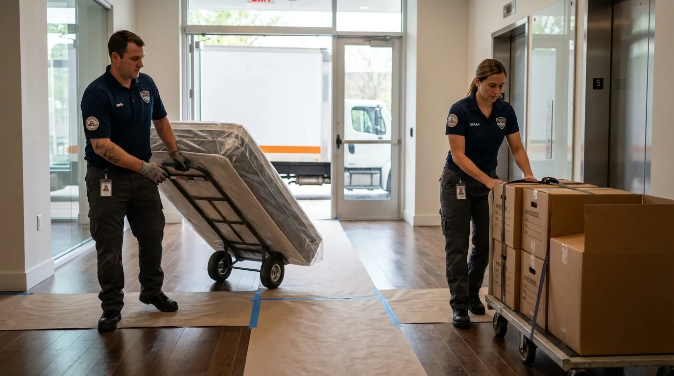 Professional apartment movers loading elevator in Jackpot, NV